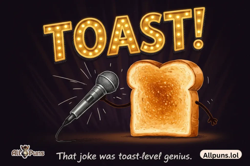 110+ Bread Puns: Loaf-Worthy Jokes That’ll Make You Crumb-le A piece of toast delivering a mic drop on stage with “TOAST!” glowing behind it like a comedy show sign.
Caption: "That joke was toast-level genius."