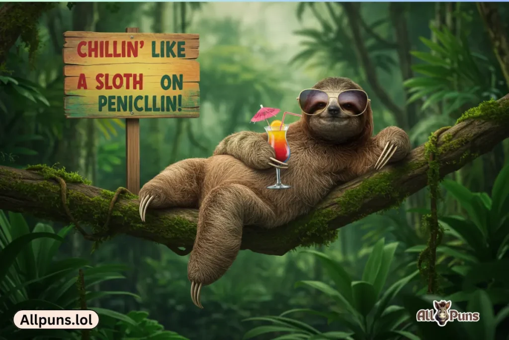 110+ Sloth Puns and One-Liners – Slow down and laugh a little A sloth lounging on a branch with sunglasses and a tropical drink, captioned "Chillin' Like a Sloth on penicillin."