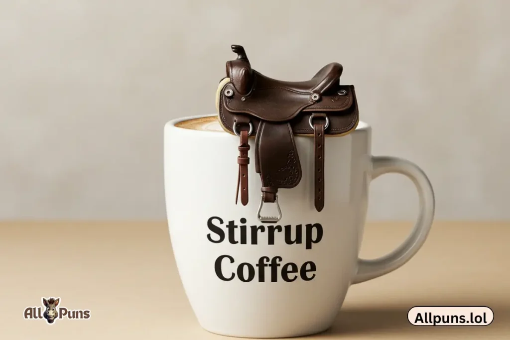 150+ Horse Puns & Jokes That Are Unbridled Fun A coffee cup with a saddle on it labeled “Stirrup Coffee.”