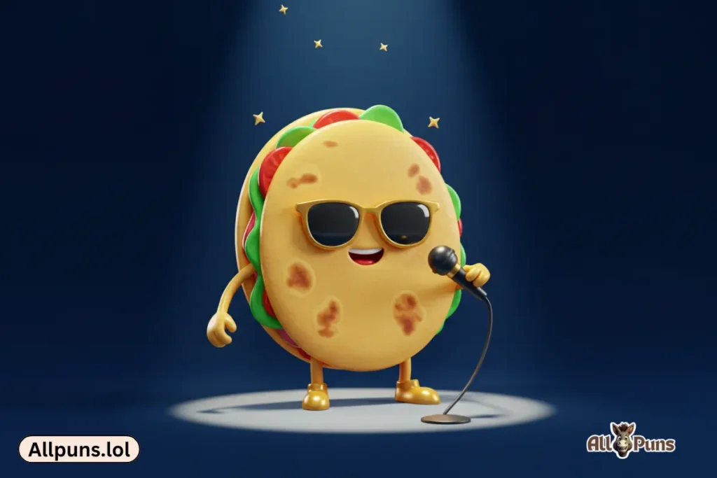 110+ Food Puns That Will Leave You Hungry for More A tortilla wearing sunglasses and a microphone, standing on a stage with a spotlight, like a rockstar rapper.