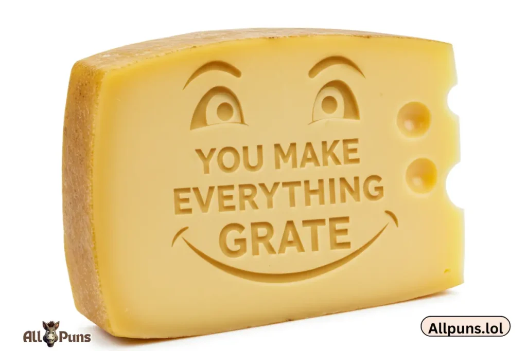 150+ Valentine’s Day Puns to Make Hearts Flutter A wedge of cheese with a face saying: “You make everything grate.”