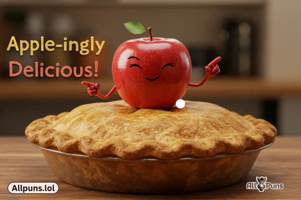 Top Pie Puns for Every Flavor of Funny An apple pie with a shiny apple on top, winking and pointing to itself with a caption “Apple-ingly Delicious!