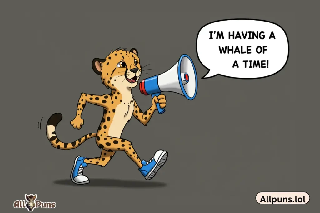  speedy cheetah wearing running shoes, holding a megaphone. A speech bubble from the megaphone says "I'm having a whale of a time