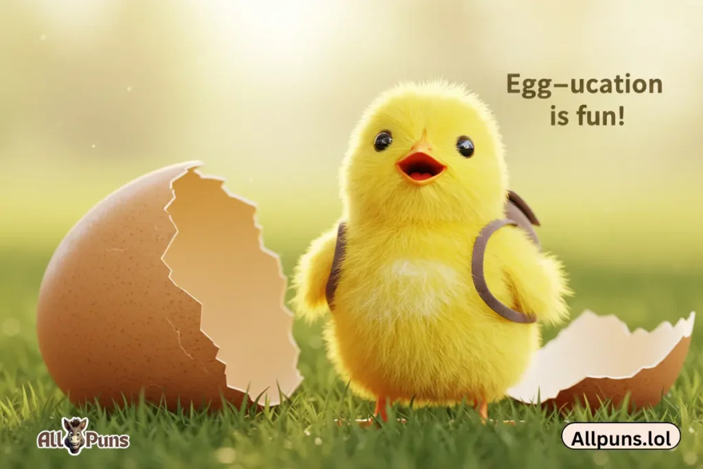 110+ Chicken Puns That’ll Crack You Up (Funny & Clever) A baby chick peeking out of an eggshell, saying: “Egg-ucation is fun!” with a backpack on.