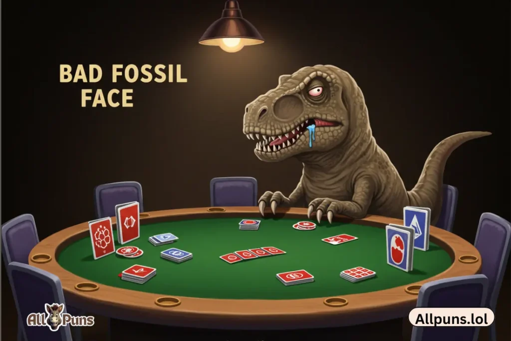 110+ Dinosaur Puns & Jokes | Funny Dino Wordplay That Rocks A dino at a poker table losing badly: âBad fossil face.â