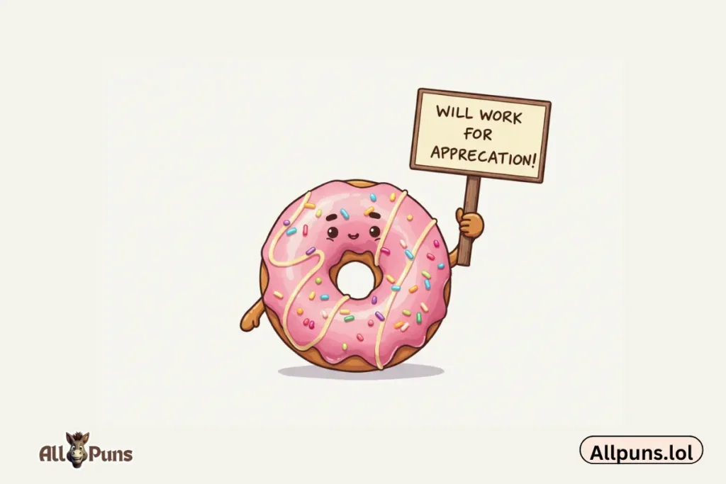 A donut holding a sign: "Will work for appreciation"