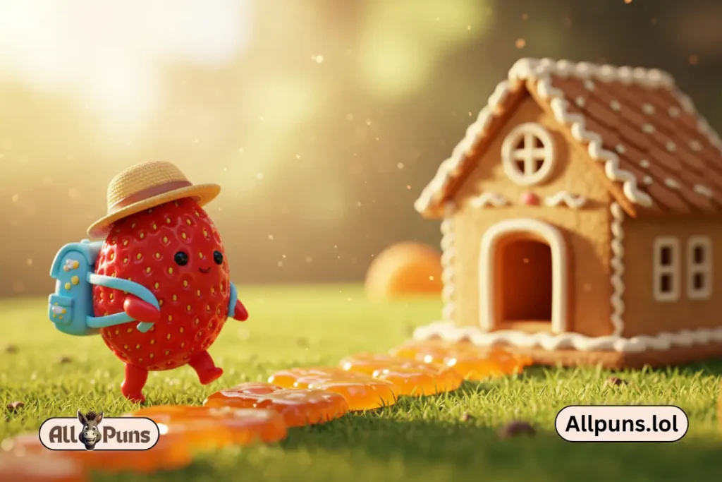Funny Strawberry Puns to Sweeten Your Day A baby strawberry with a backpack and a tiny hat, heading to school.