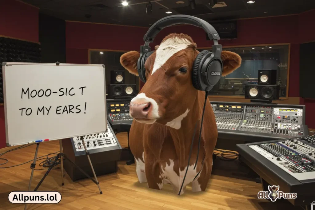110+ Cow Puns to Make You Moo with Laughter A cow in a recording studio with headphones on saying, “Moo-sic to my ears.”