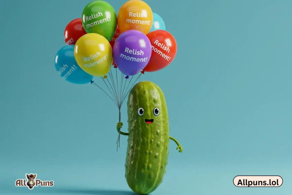 150+ Pickle Puns & Jokes That’ll Make You Relish the Laughs A pickle holding balloons that say “Relish the moment!”