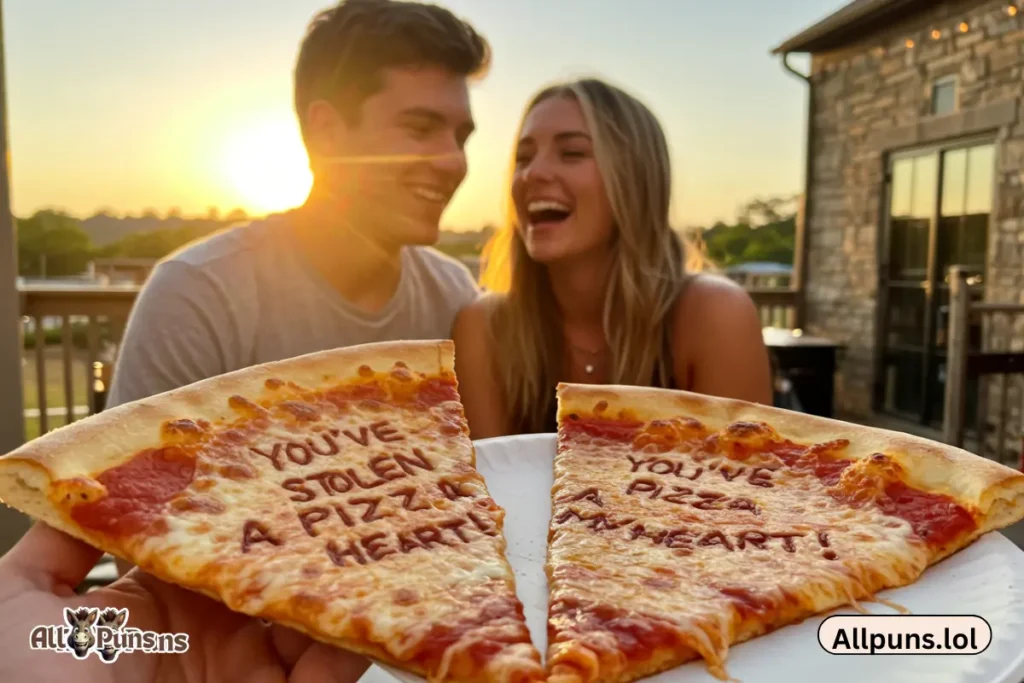 110+ Pizza Puns -Cheesy, Flirty and Totally Slice-tastic Two slices on a date, one saying âYouâve stolen a pizza my heart!â