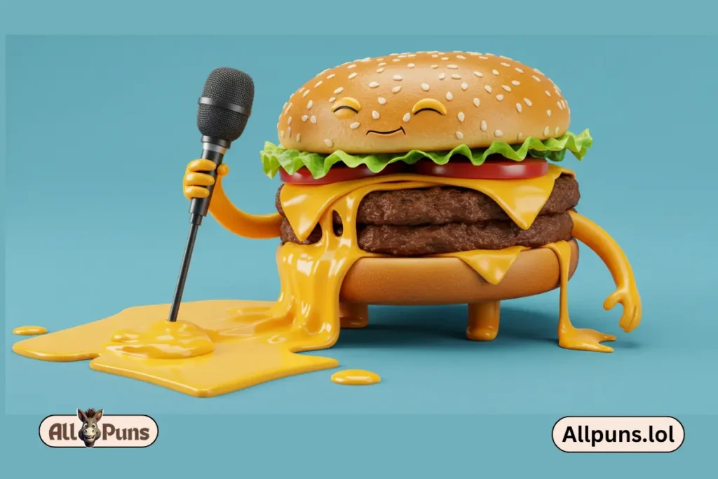 Burger Puns: A Deliciously Funny Collection A cheeseburger with arms, holding a microphone, telling a joke while the cheese drips like sweat.