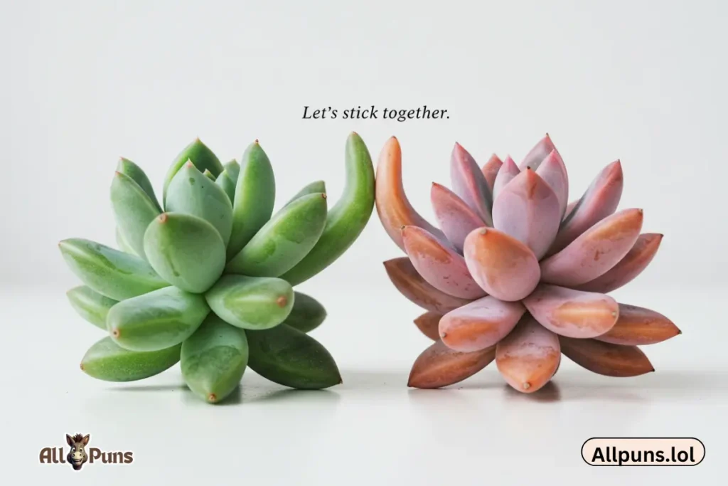 150+ Plant Puns & Jokes That’ll Leaf You Laughing Two succulents high-fiving → Caption: “Let’s stick together.”