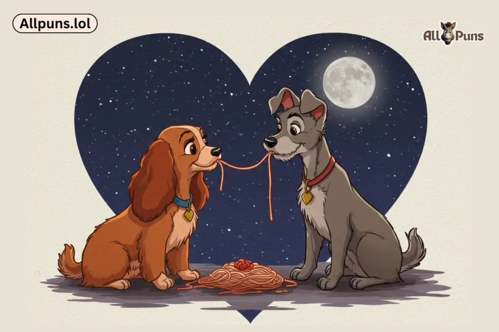 Two dogs sharing a spaghetti strand “Lady and the Tramp” style under a heart-shaped moon.
