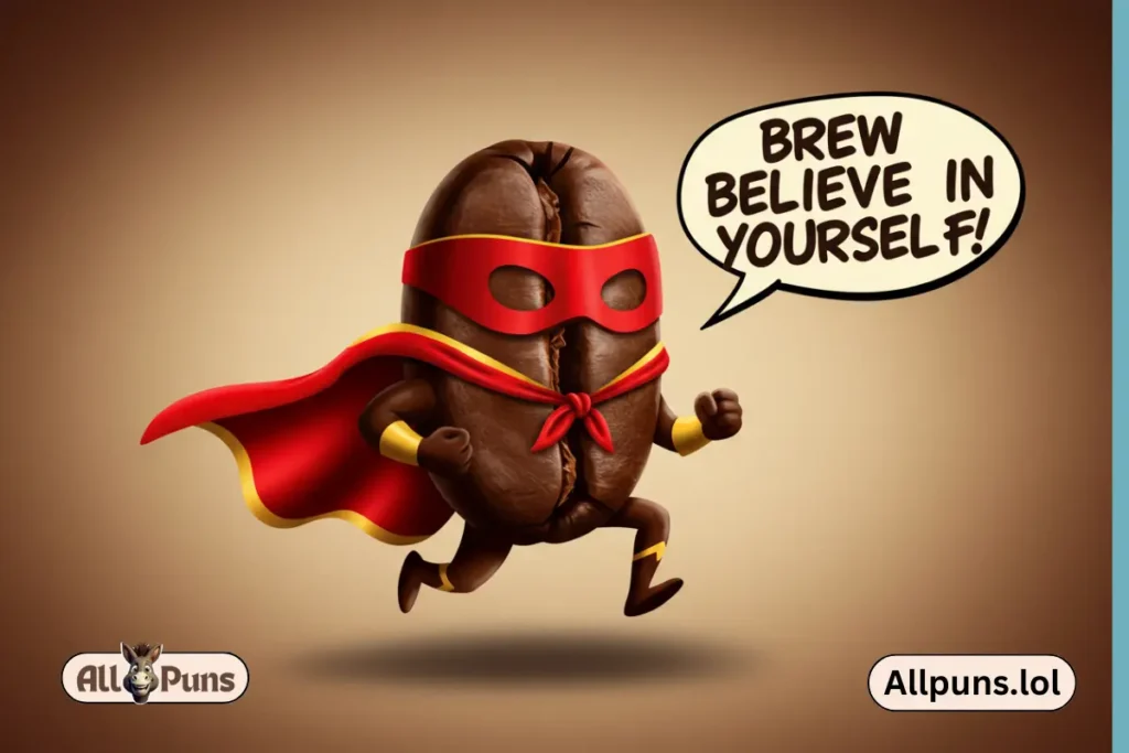 Best Funny Coffee Puns to Perk Up Your Day A coffee bean in a superhero cape, declaring, "Brew believe in yourself!"
