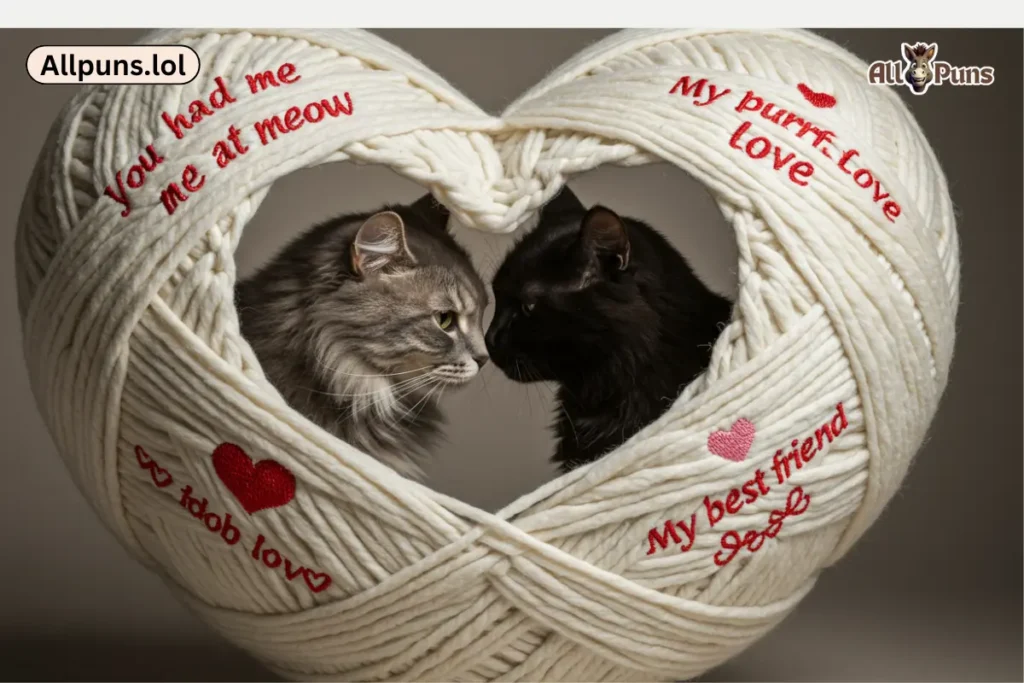  Two cats nose-booping inside a giant heart-shaped yarn ball with romantic captions like “You had me at meow.”
