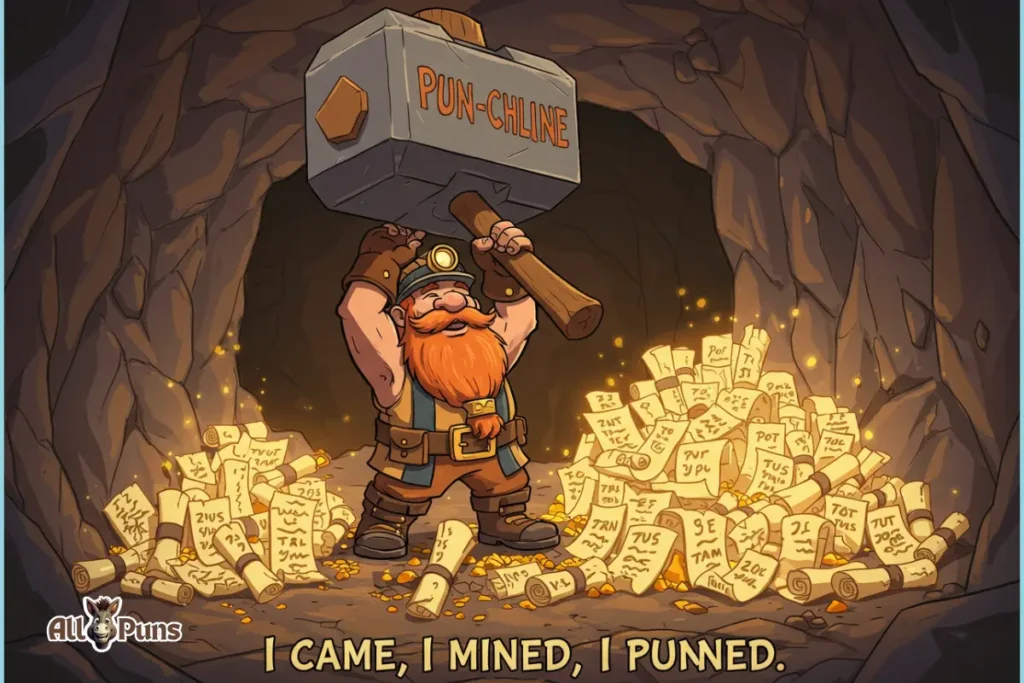 Dwarf Puns and Jokes That’ll Rock Your World (And Your Beard) A cartoon dwarf holding a giant hammer labeled “Pun-chline” standing over a mine full of glowing joke scrolls. Caption: “I came, I mined, I punned.”