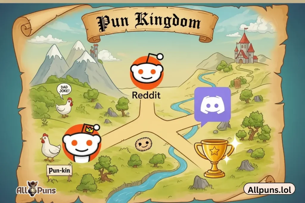 An illustrated treasure map labeled "Pun Kingdom" with paths leading to icons for Reddit, Discord, and a trophy. Playful and vibrant.