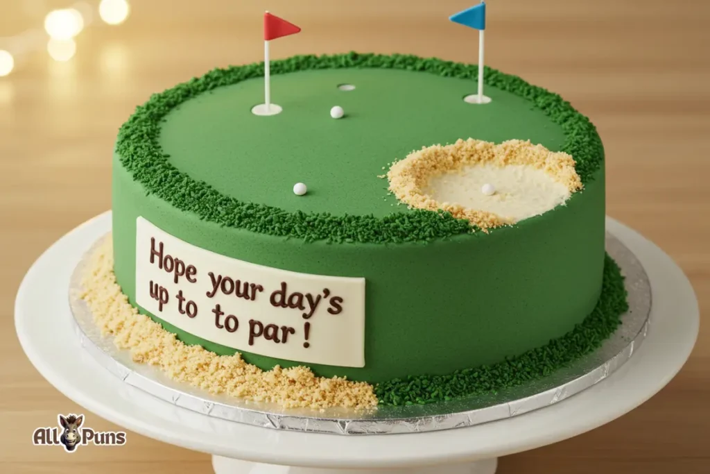 Birthday cake shaped like a putting green with the message: “Hope your day’s up to par!”