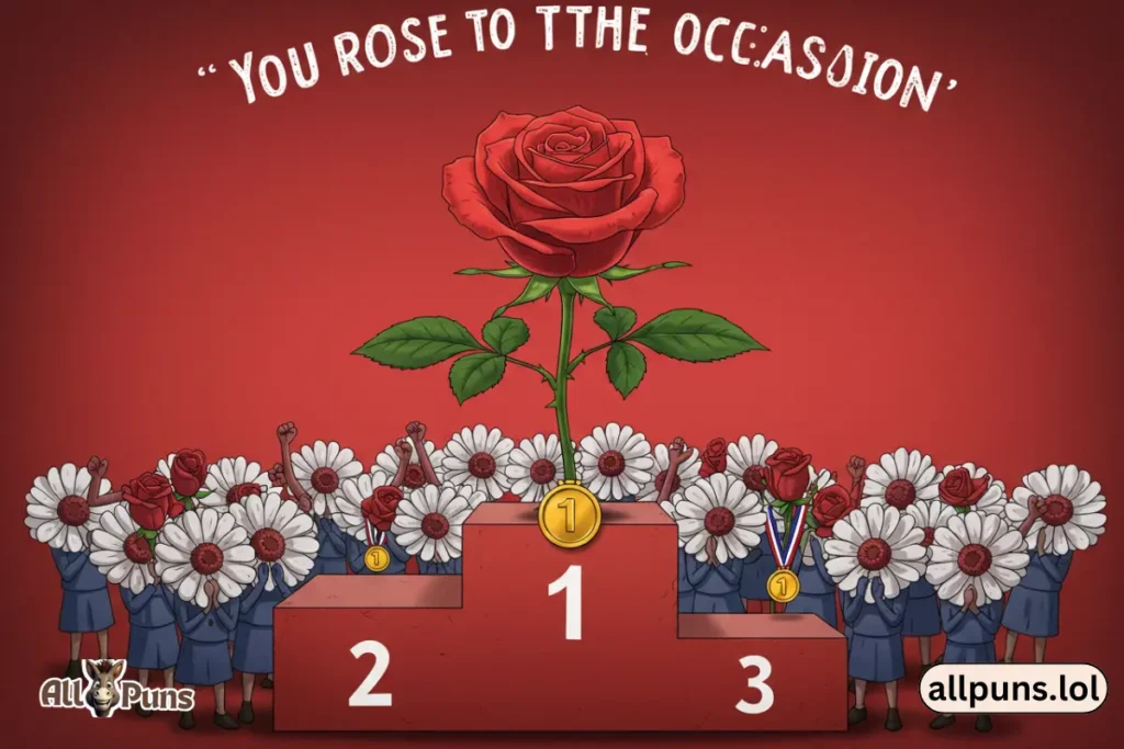 120+ Flower Puns 🌼 Funny, Romantic & Cheesy Petal Jokes "You rose to the occasion."A picture of a rose standing on a podium, a gold medal placed around its stem, and a crowd of other flowers cheering for it.