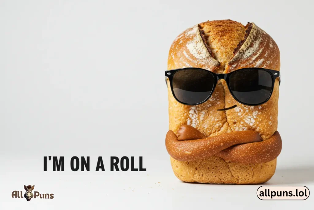 110+ Bread Puns: Loaf-Worthy Jokes That’ll Make You Crumb-le A loaf of bread wearing sunglasses, arms crossed, with the caption:
"I'm on a roll."