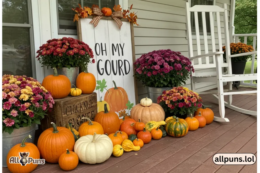 110+ Fall Puns That’ll Make You Autumn-atically Smile A porch scene with a letter board saying “Oh My Gourd"