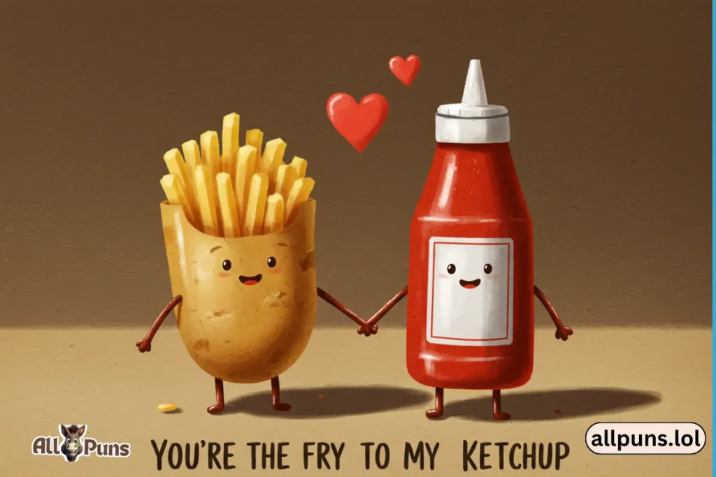 110+ Potato Puns and Funny One Liners to Make You Laugh Two potatoes holding hands, one shaped like a fry and the other like a ketchup bottle, with hearts above them and the caption, “You’re the Fry to My Ketchup.”