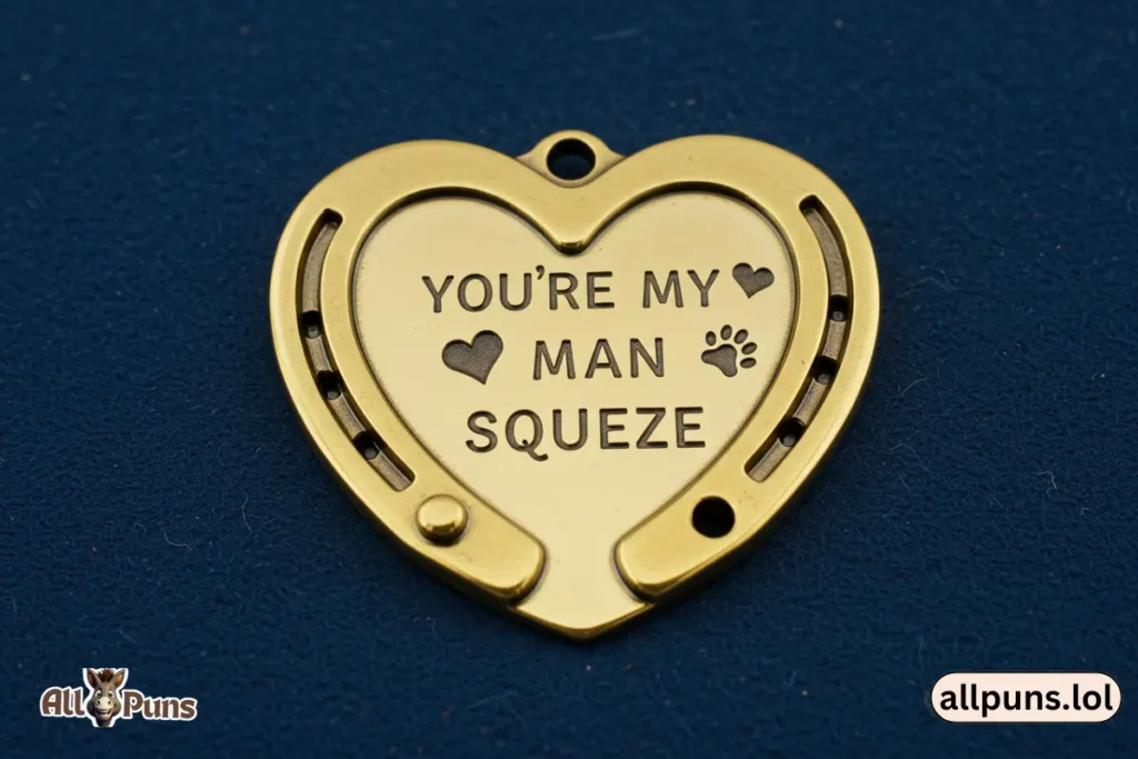 150+ Horse Puns & Jokes That Are Unbridled Fun A heart-shaped horseshoe with “You’re My Mane Squeeze” inside.