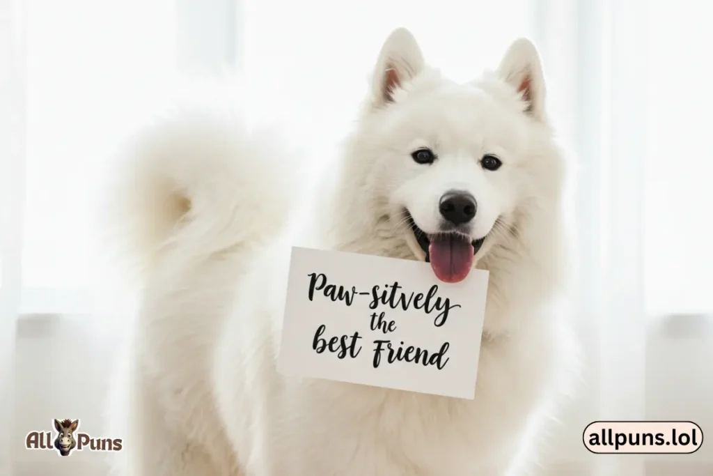 150+ Valentine’s Day Puns to Make Hearts Flutter A dog wagging its tail with a card: “Paw-sitively the best friend.