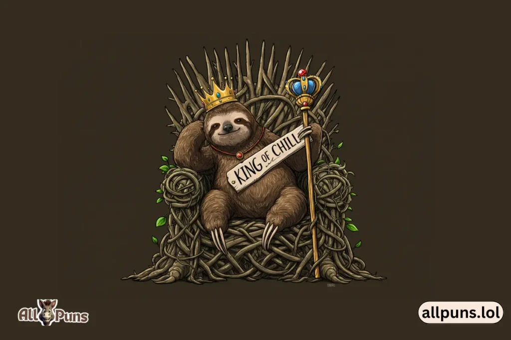 110+ Sloth Puns and One-Liners – Slow down and laugh a little A sloth with a crown and a scepter labeled "King of Chill," lounging on a throne made of tangled vines.