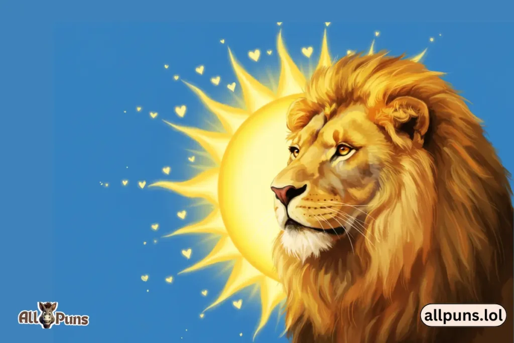 A bright yellow sun in the sky, but with a lion's face beaming down. The rays of sunlight are shaped like little hearts.