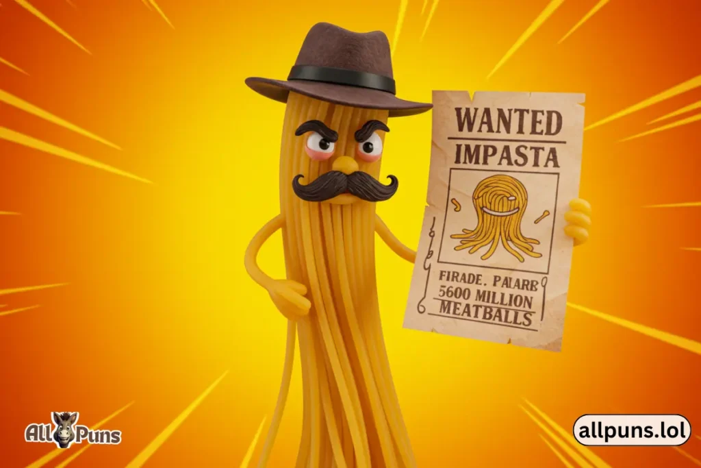 110+ Food Puns That Will Leave You Hungry for More A strand of spaghetti with a fake mustache, fedora, and sneaky grin, holding a “Wanted: Impasta” poster.