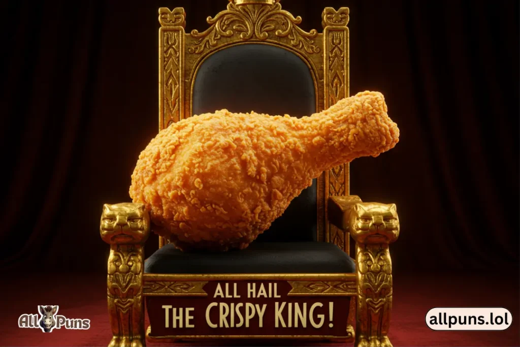 110+ Chicken Puns That’ll Crack You Up (Funny & Clever) A fried chicken drumstick sitting on a throne like a king with the caption: “All hail the Crispy King!”