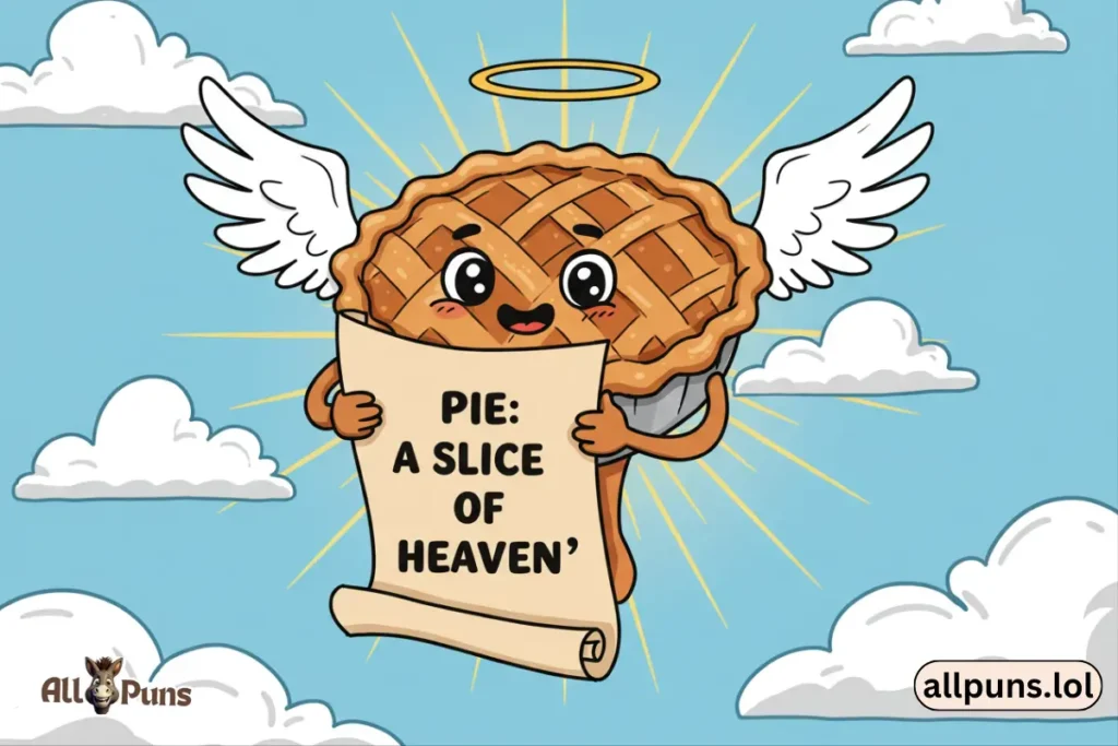 Top Pie Puns for Every Flavor of Funny A pie holding a scroll with the quote “Pie: A Slice of Heaven,” surrounded by angelic wings and a halo.