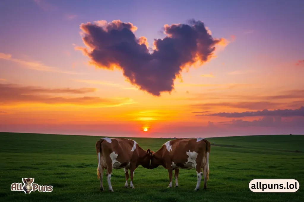 110+ Cow Puns to Make You Moo with Laughter Two cows watching the sunset, holding tails (like holding hands), with a heart-shaped cloud above them