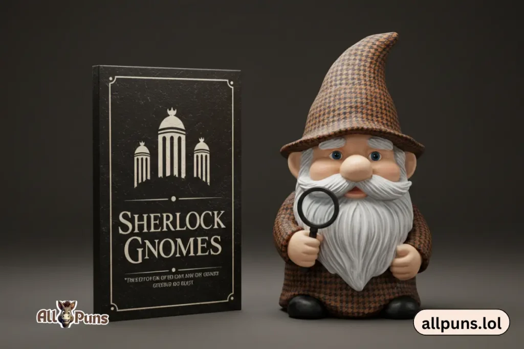 Delightful Gnome Puns to Tickle Your Funny Bone A detective-style gnome wearing a hat and magnifying glass labeled “Sherlock Gnomes.”