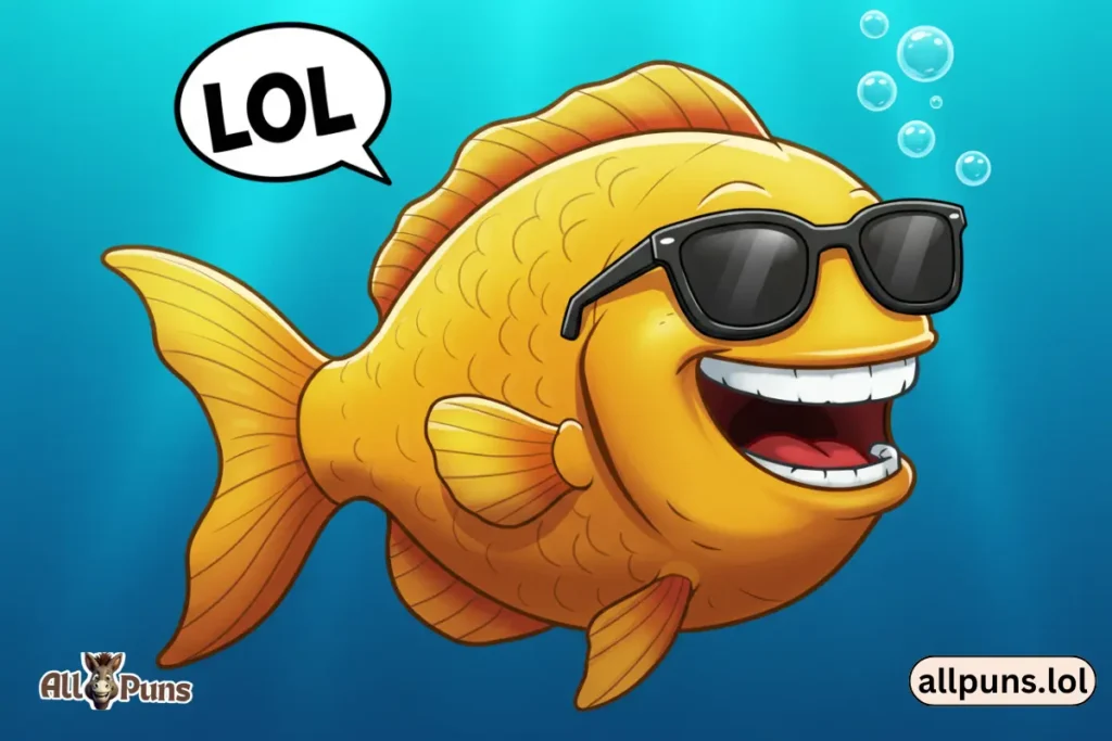 100+ Fin-tastic Fish Puns to Make You Giggle and Snort A cartoon fish laughing hysterically underwater with a "LOL" bubble and sunglasses.
