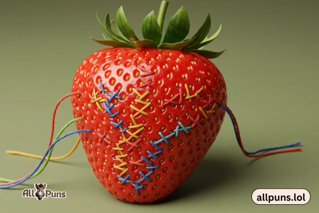 Funny Strawberry Puns to Sweeten Your Day A strawberry literally “stitched up” with thread, looking like it just got patched up.