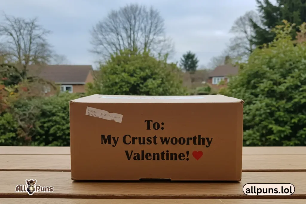 110+ Pizza Puns -Cheesy, Flirty and Totally Slice-tastic A delivery box labeled âTo: My Crustworthy Valentine.â