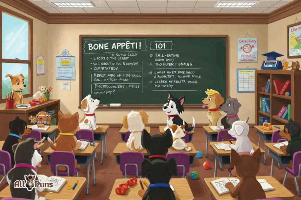 Cartoon puppies in a classroom with a pun-filled “lesson plan” on the board ("Bone Appétit 101").