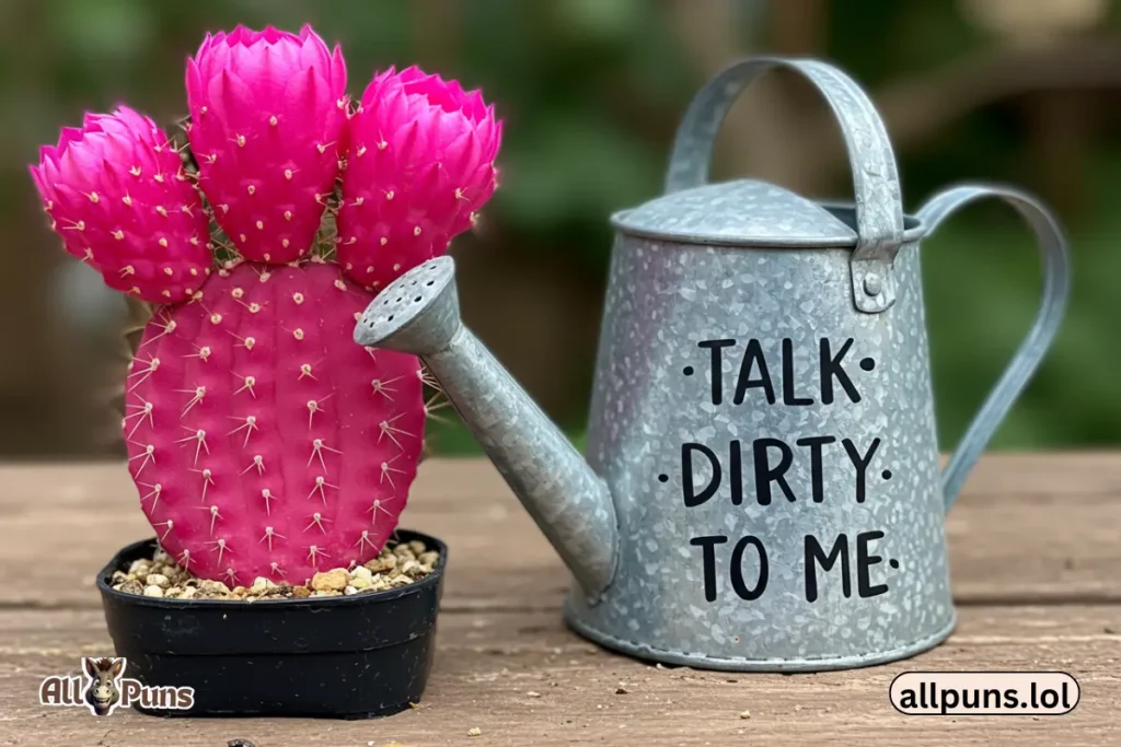 150+ Plant Puns & Jokes That’ll Leaf You Laughing 🌵 A cactus blushing near a watering can → Caption: “Talk dirty to me.”