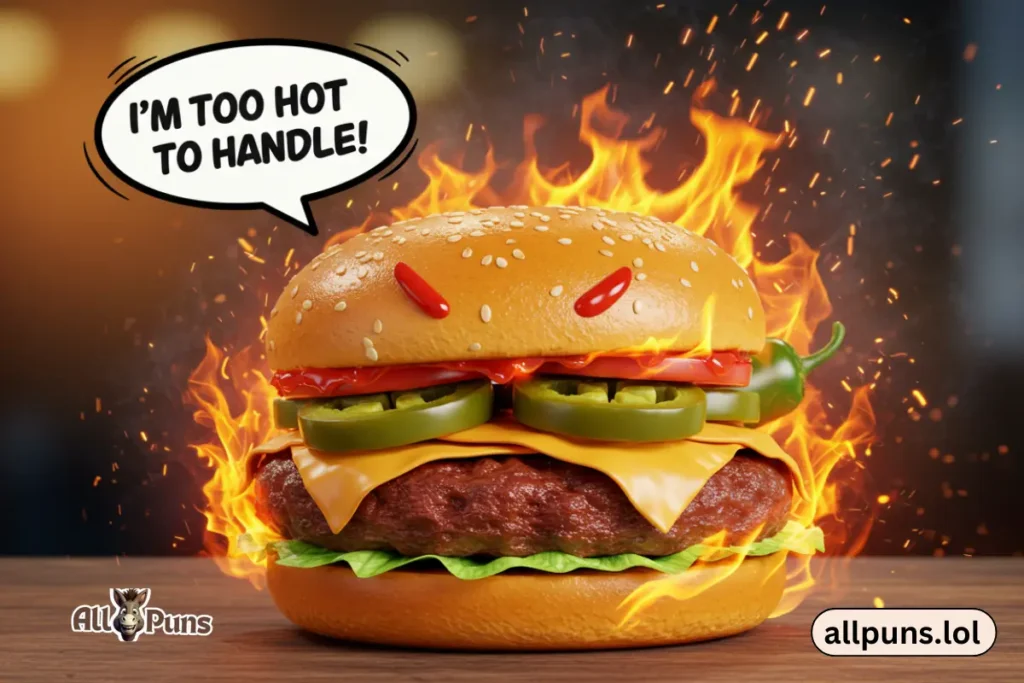 Burger Puns: A Deliciously Funny Collection A spicy jalapeรฑo-topped burger on fire with a speech bubble saying, "Iโm too hot to handle!