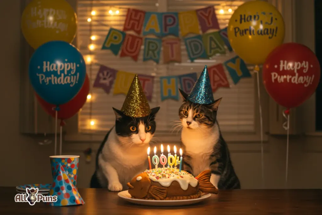 A birthday party scene with a cat in a party hat blowing out candles on a fish-shaped cake with balloons that say “Happy Purr-thday!”
