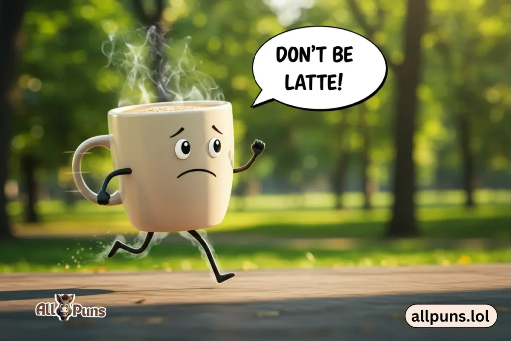 Best Funny Coffee Puns to Perk Up Your Day A coffee mug running late with a speech bubble saying, "Don't be latte!"