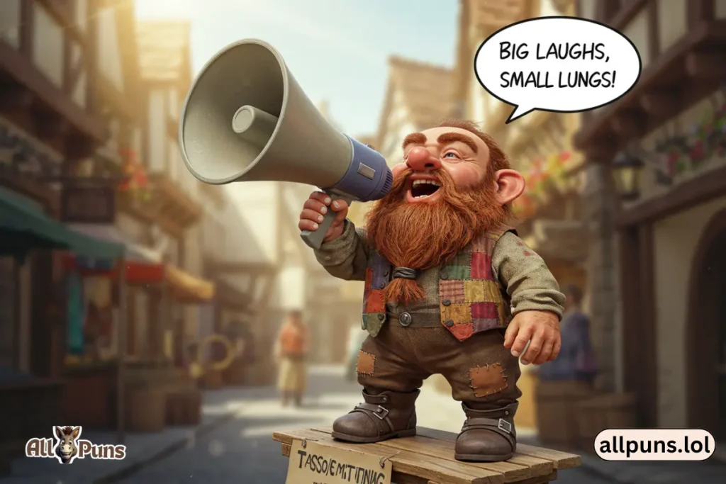 Dwarf Puns and Jokes That’ll Rock Your World (And Your Beard) A tiny dwarf standing on a soapbox shouting one-liners through a megaphone. Speech bubble: “Big laughs, small lungs!”