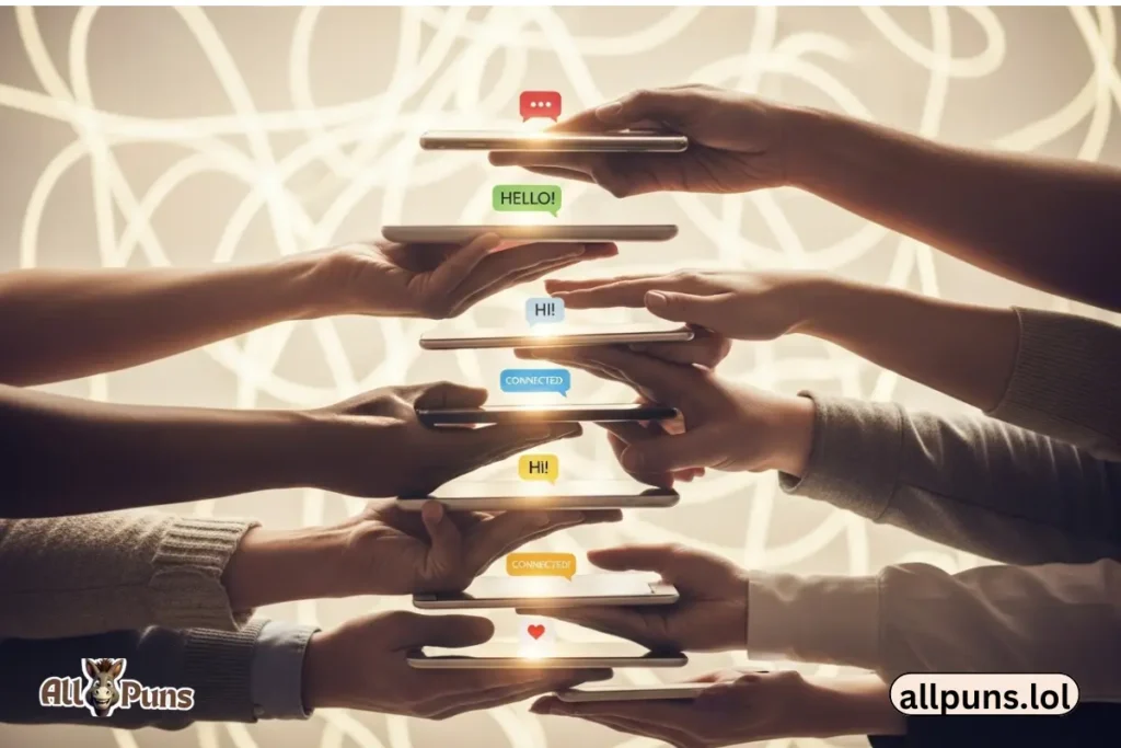 Diverse hands stacking together, each holding a phone or laptop showing a chat bubble. Concept of connection and community. Uplifting and warm.