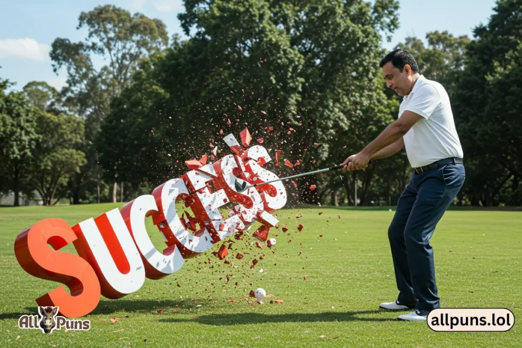 Boss swinging a golf club into a “success” sign