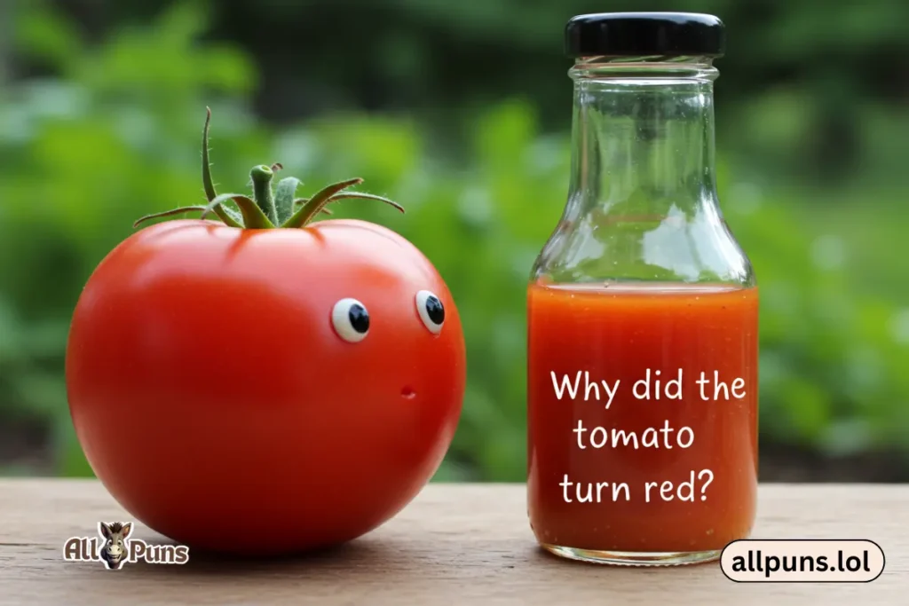 Tomato Puns and Funny One-Liners A tomato blushing while looking at a bottle of salad dressing with the text, "Why did the tomato turn red?"