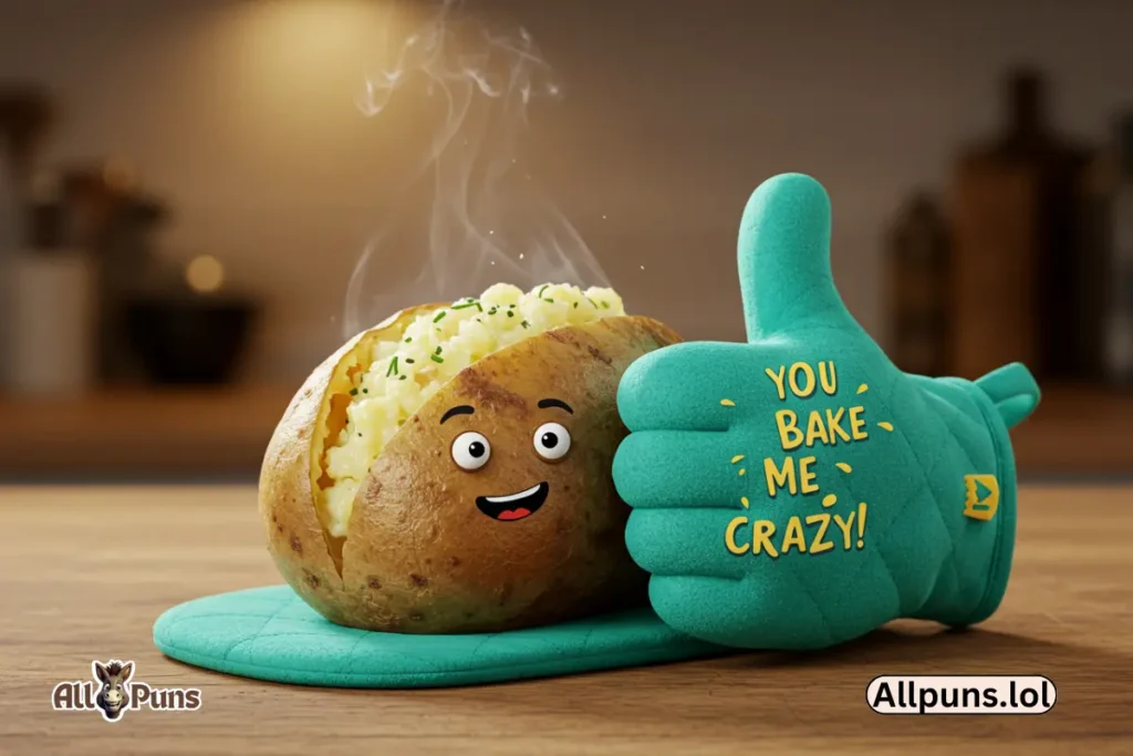 110+ Potato Puns and Funny One Liners to Make You Laugh A baked potato steaming in an oven mitt shaped like a hand giving a thumbs-up, with the text “You Bake Me Crazy!”