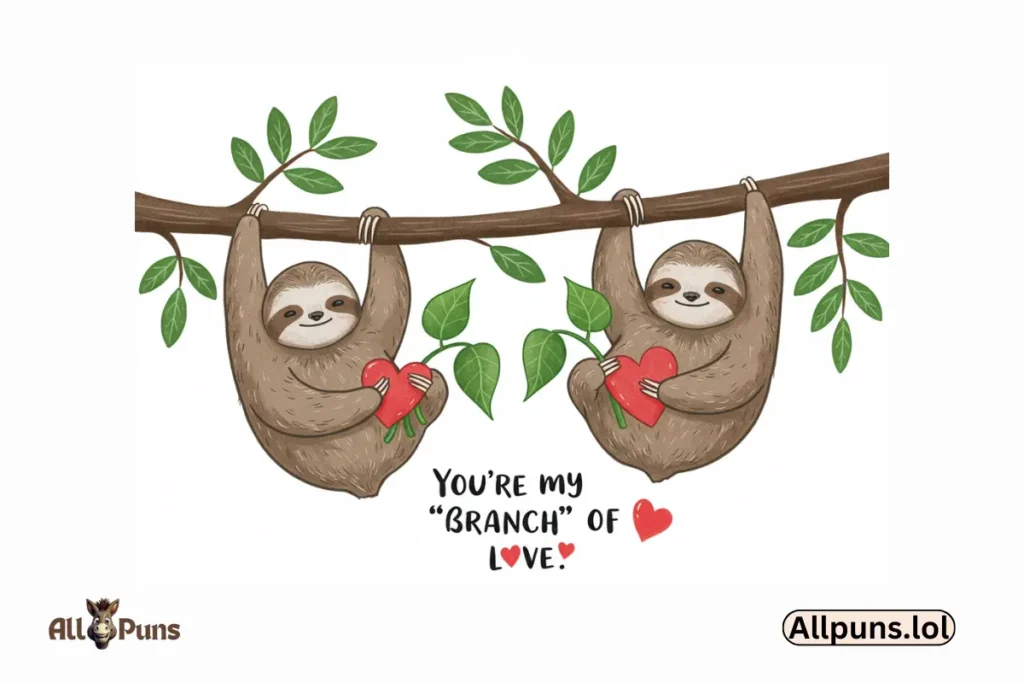 110+ Sloth Puns and One-Liners – Slow down and laugh a little Two sloths hanging from the same branch, holding heart-shaped leaves, with one saying, "You’re my *branch* of love!"