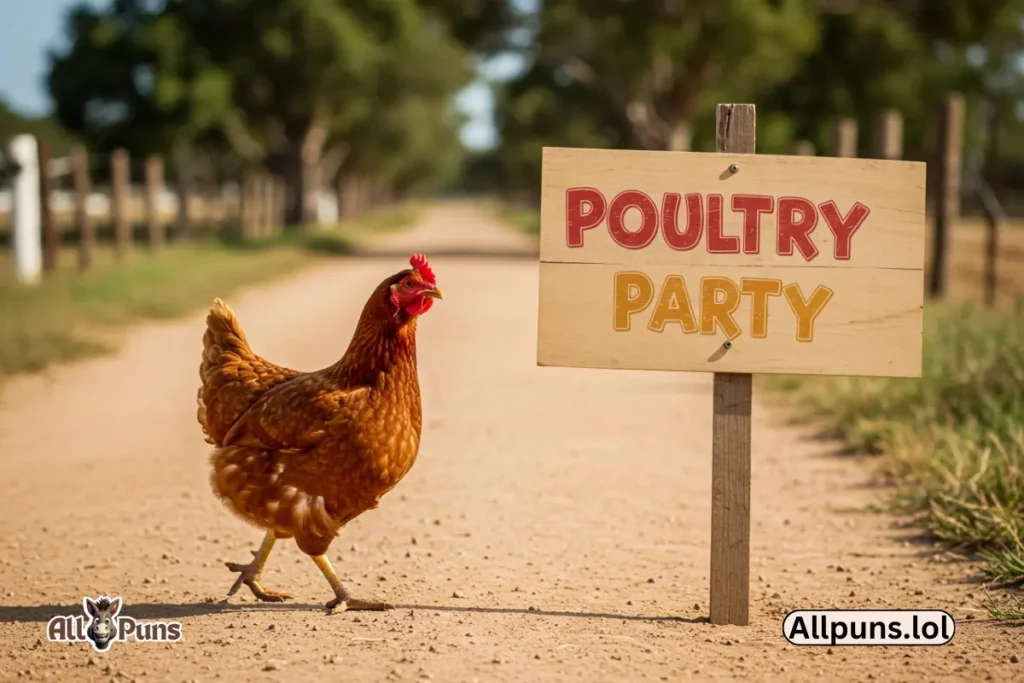 110+ Food Puns That Will Leave You Hungry for More A chicken strutting across a road, winking at a sign that says “Poultry Party” with a cheeky grin.